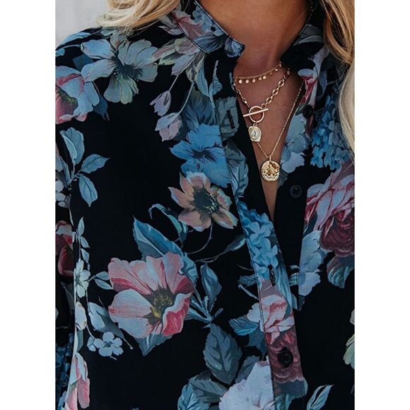 Multicolor Floral Printed Belted Ruffle Long Sleeve‎ Button Up A-Line Mini Dress - Picture 4 of 9